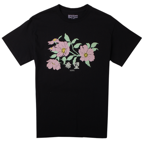 DOL ( Division of labor) Hope, positive message with Japanese characters with flowers on  black t-shirt Front image
